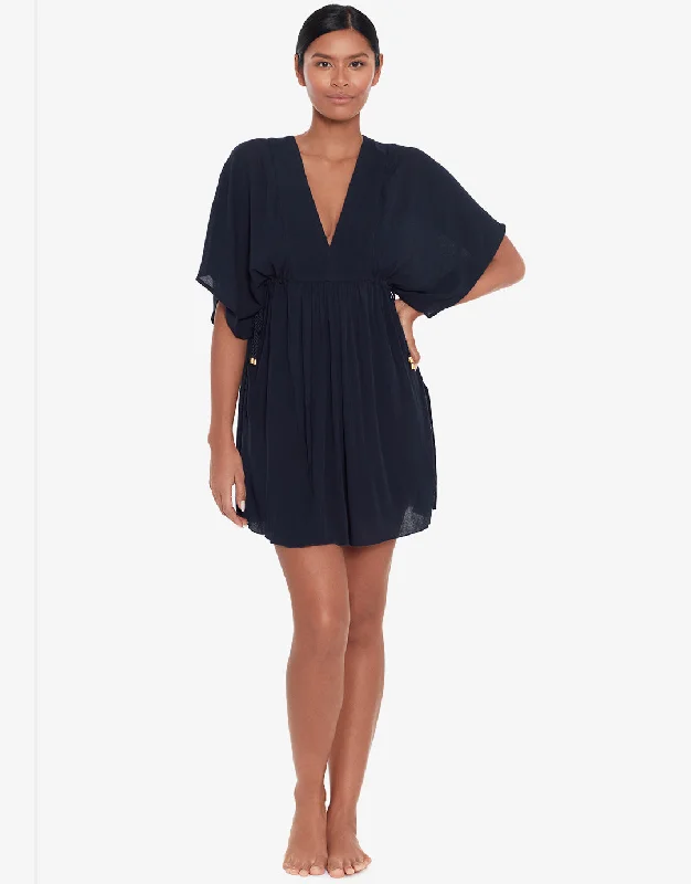 Crinkle Tunic Beach Dress - Black Square Neckline Feminine
