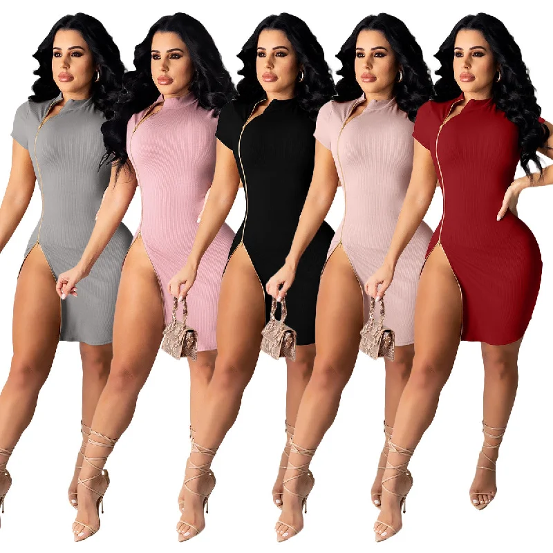 Double-Headed Zipper Short-Sleeved Dress (CL10198) Tunics Stylish elegant