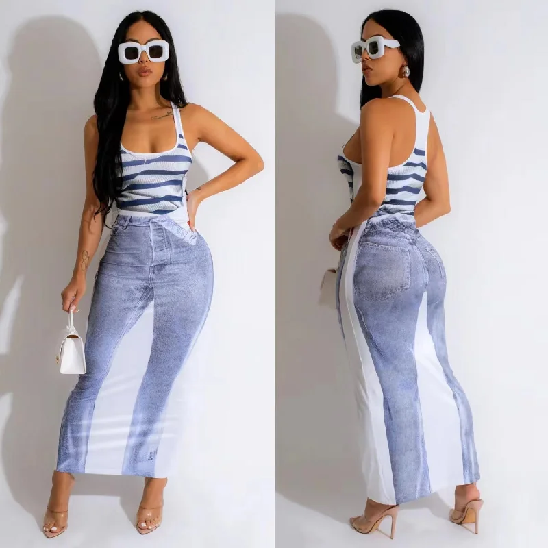 Jeans Printed Vest U-Neck Dress(CL11674) Tunics Brand named