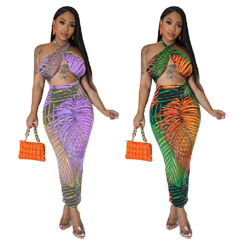 Lace-up Backless Dress Split Printed Dress（CL11474） Tunics Versatile all-occasion