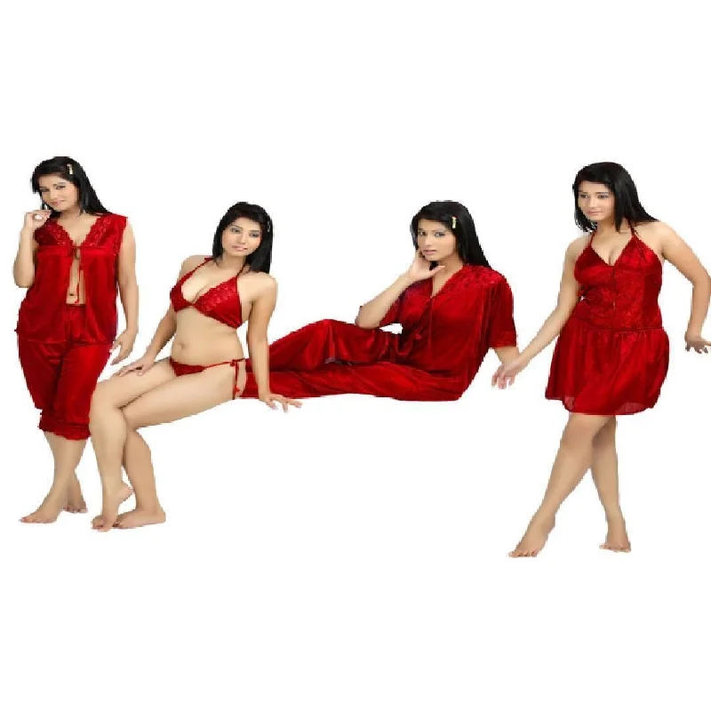 Red Color Bridal 6Pc Stylish Gown Nighty Set | Bridal Nightwear Dress Complete set Tunics Stylish elegant Red Color Bridal 6Pc Stylish Gown Nighty Set | Bridal Nightwear Dress Complete set Tunics Stylish elegant