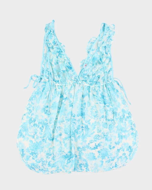 Y2k 00s La Vie En Rose Blue Pattern Mesh Slip Dress - M sweetheart Neckline Romantic Y2k 00s La Vie En Rose Blue Pattern Mesh Slip Dress - M sweetheart Neckline Romantic